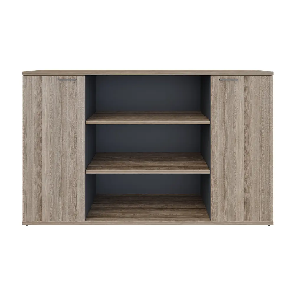 Novara Wall Unit in Vintage Elm ,2 Doors ,Open Shelves with 6 Height Adj. , 1800W x 500D x 1100H grey accents on storage