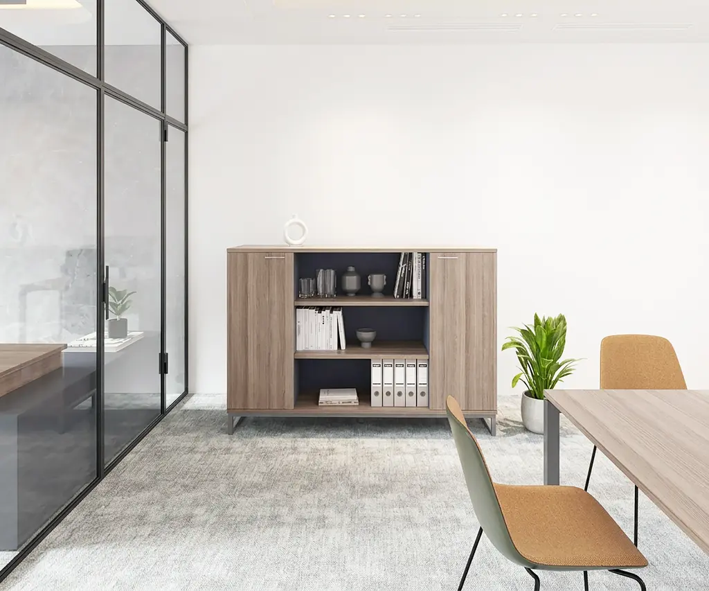 Novara Wall Unit in Vintage Elm,2 Door,Open Shelves on 25mm square loop steel leg , 1800W x 500D x 1250H grey accents on storage