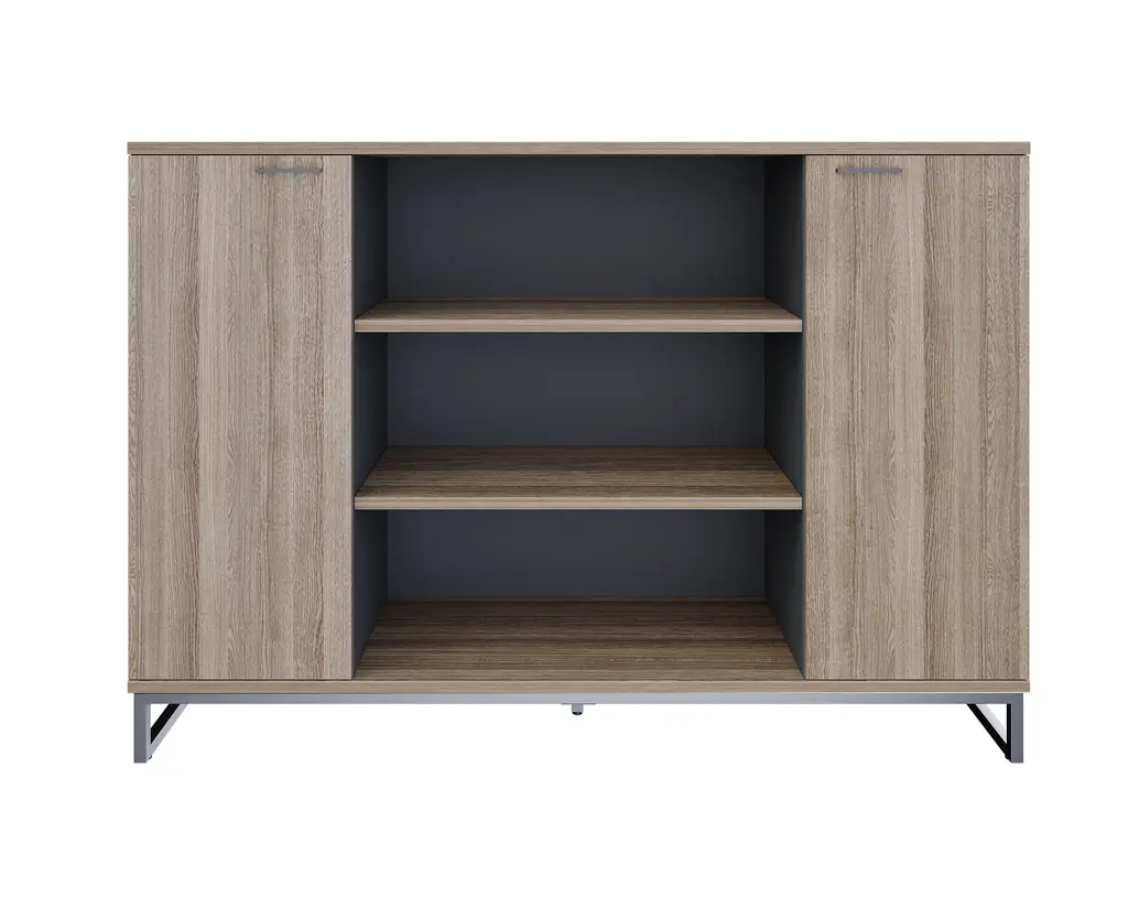 Novara Wall Unit in Vintage Elm,2 Door,Open Shelves on 25mm square loop steel leg , 1800W x 500D x 1250H grey accents on storage