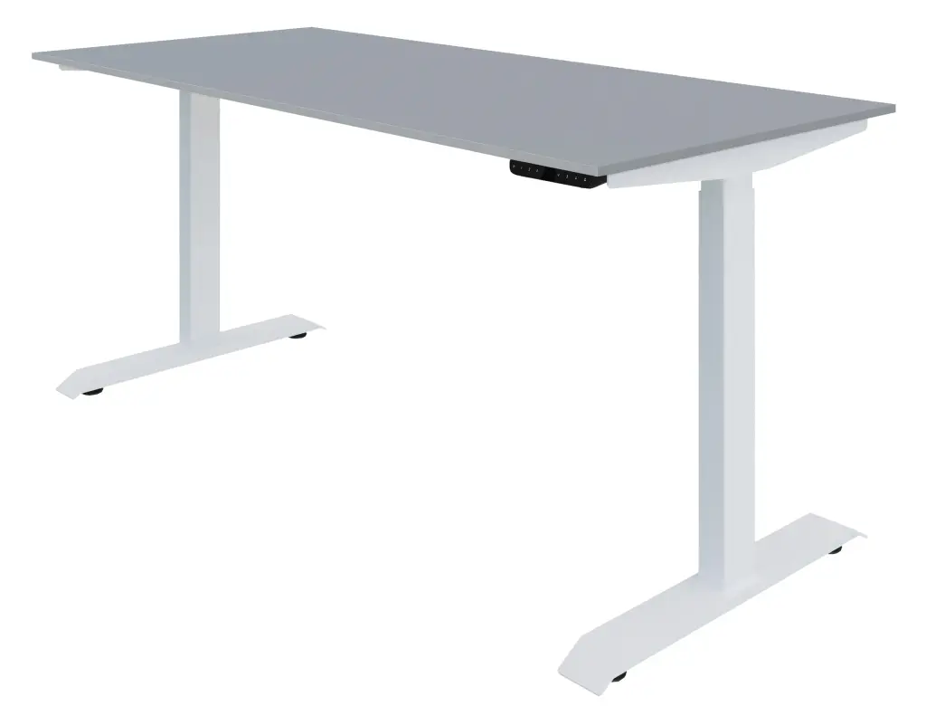 UP Height Adjustable Table 1600x750 Top-White steel frame with double motors-4 Height memory-100kg load bearing capacity - Dunblane Grey Melamine
