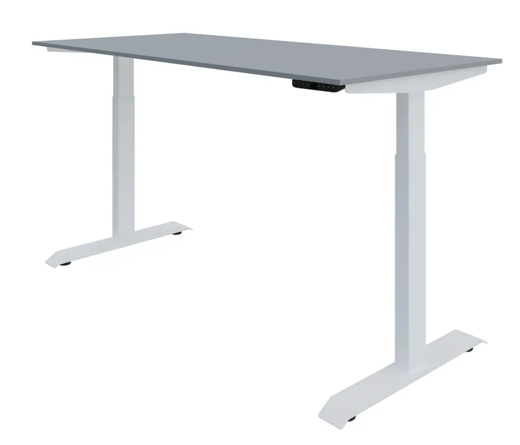 UP Height Adjustable Table 1600x750 Top-White steel frame with double motors-4 Height memory-100kg load bearing capacity - Dunblane Grey Melamine