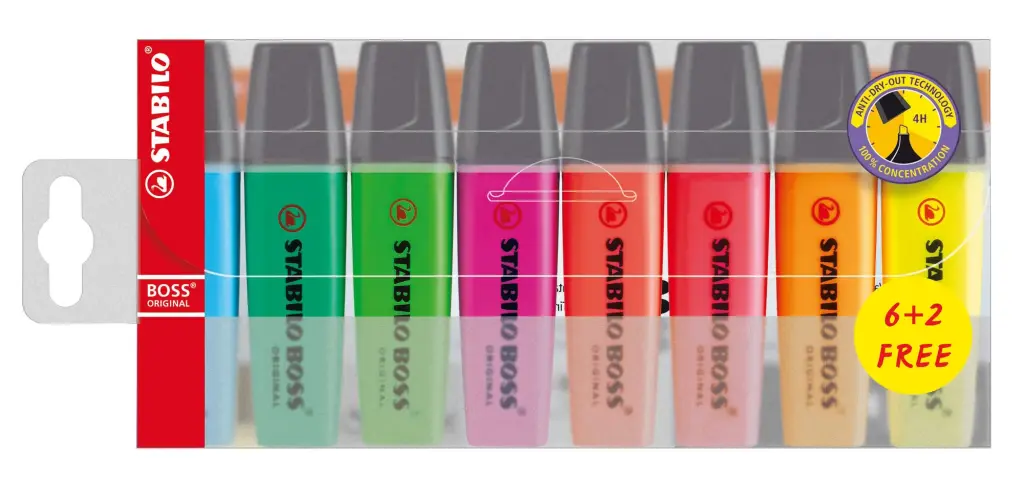 Stabilo Boss Highlighters in Wallet 6+2 P7008 Assorted (Set 8)