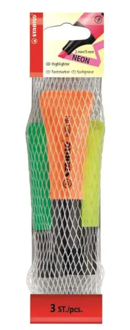 Stabilo Neon Highlighter Green-Yellow-Orange 72-3-2 (2mm and 5mm Line Width) (3 Pack)