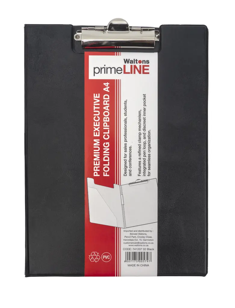 Waltons Primeline Premium Executive A4 Clipboard, PVC, 210mm x 297mm - Black