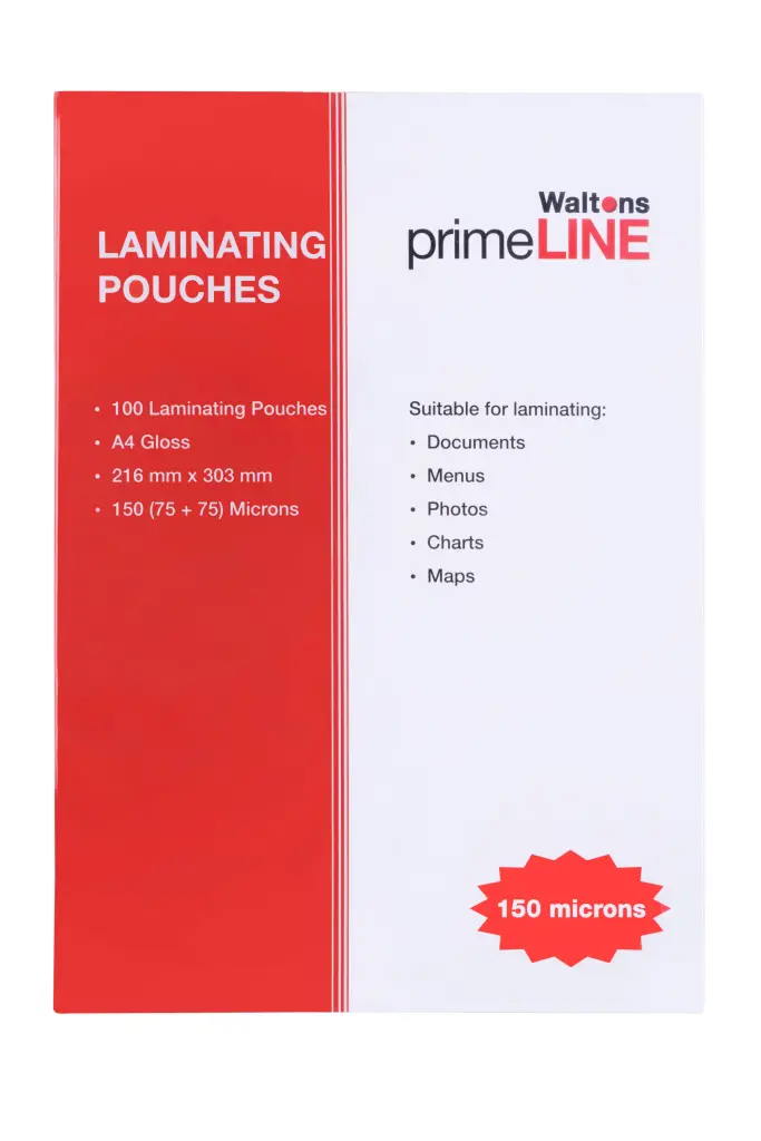 Waltons Primeline Laminating Pouch, A4 Gloss, 2x75 Microns, 100 Pack