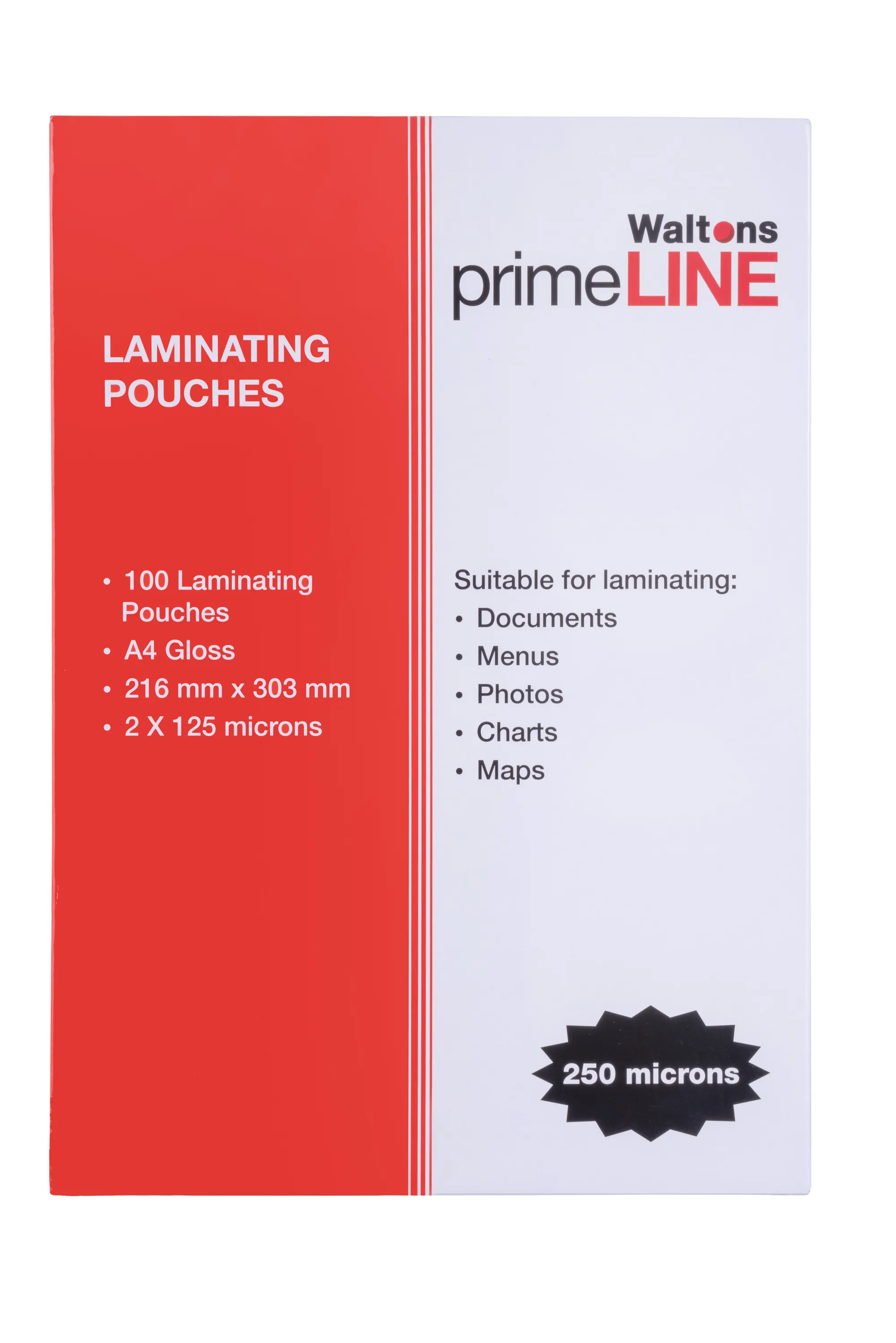 Waltons PrimeLine A4 250mic Laminating Pouch Pack 100 | Waltons