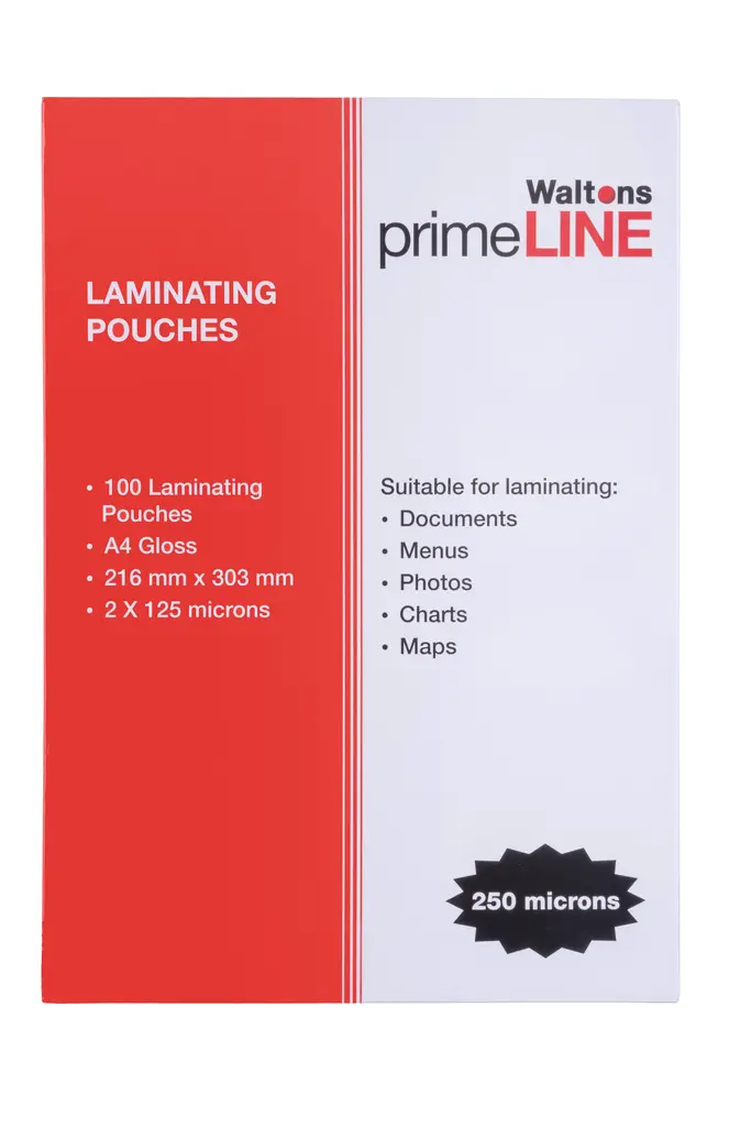 Waltons Primeline Laminating Pouch, A4 Gloss, 2x125 Microns, 100 Pack