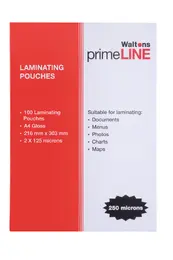 Waltons Primeline Laminating Pouch, A4 Gloss, 2x125 Microns, 100 Pack