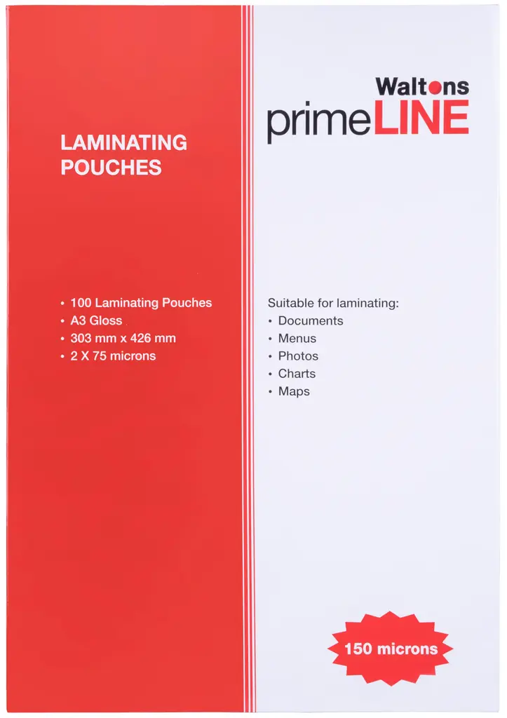 Waltons PrimeLine A3 Laminating Pouch, 2x75 microns, Pack 100