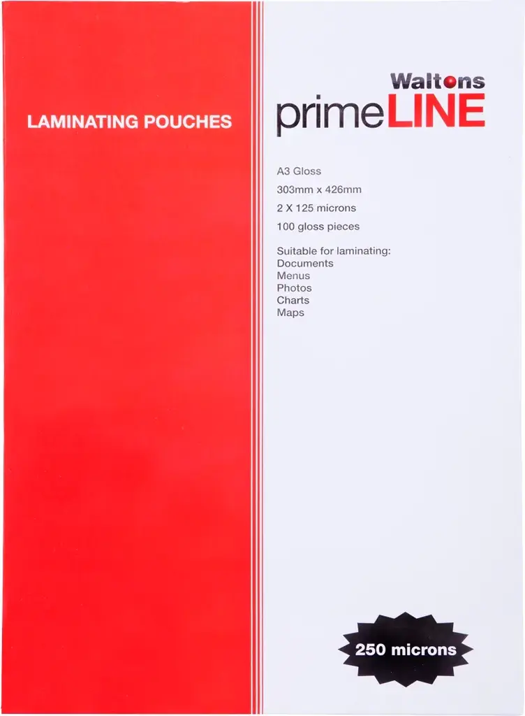 Waltons Primeline Laminating Pouch, A3 Gloss, 2x125 Microns, 100 Pack