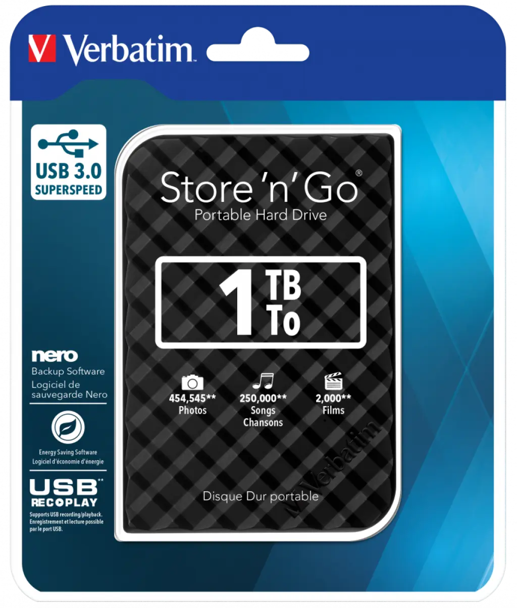 Verbatim Portable External Hard Drive 1Tb Usb 1Tb Storage Capacity Portable External - Black 53194