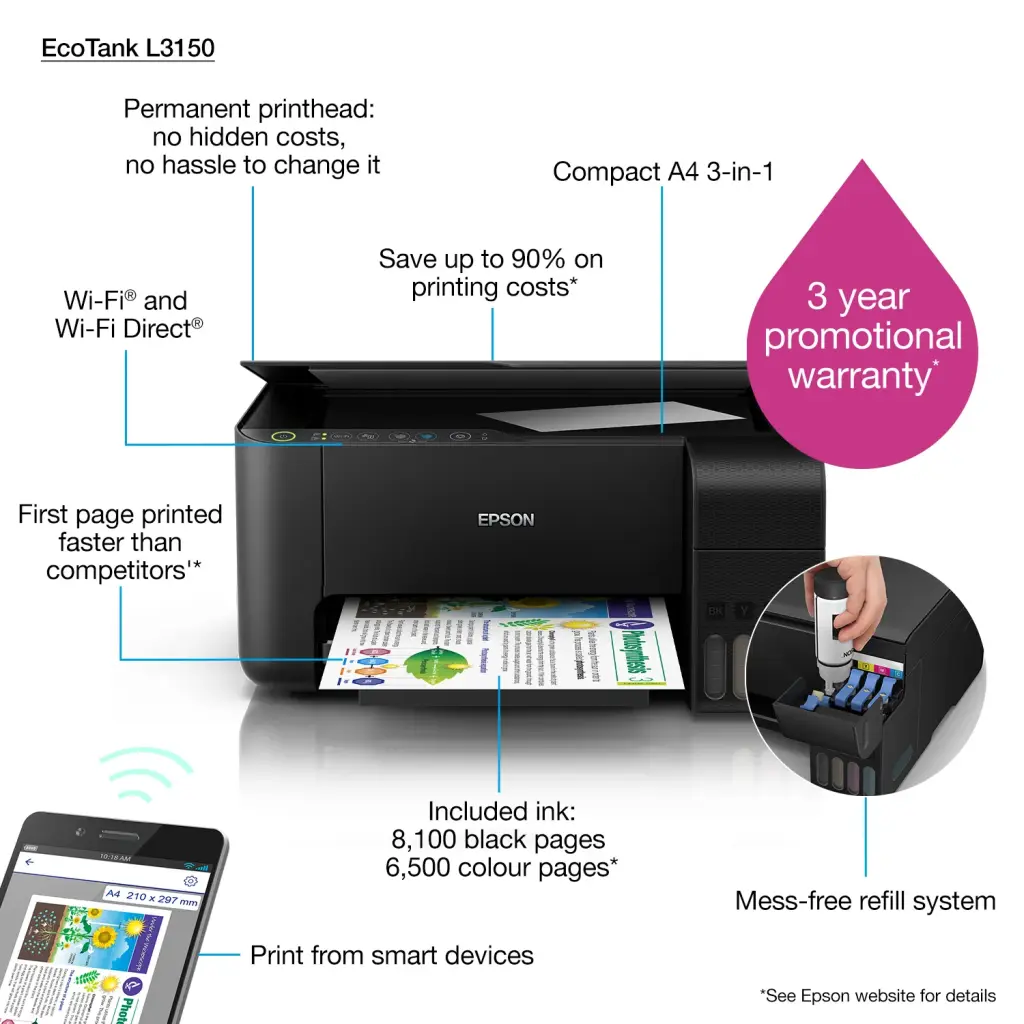 Epson Ecotank L3150 | A4, 3-in-1 Multifunction Home Printer (C11CG86407)