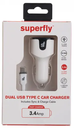 Superfly 3.4A Dual Type C Car Charger White SF-C2-34TC