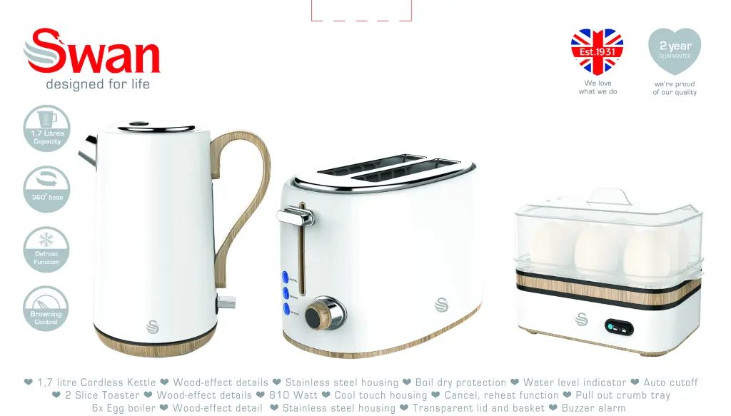 Swan Breakfast Pack ( Includes Cordless Kettle, 2 Slice Toaster & Egg Boiler) SWTP1